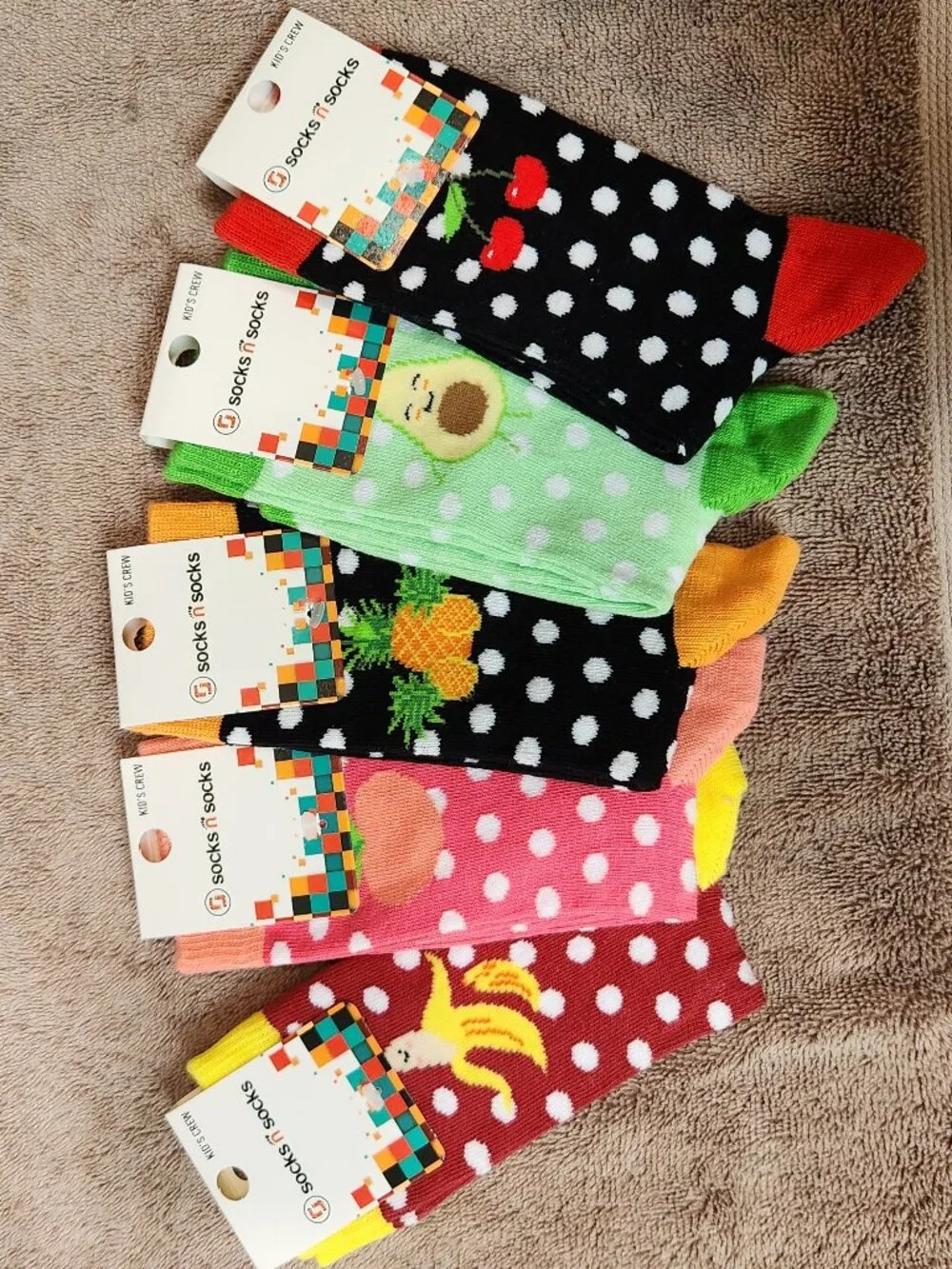 SOCKS N SOCKS - Five (5) Pairs Kids Crew Socks Colorful Fruity Fun Styles - NEW